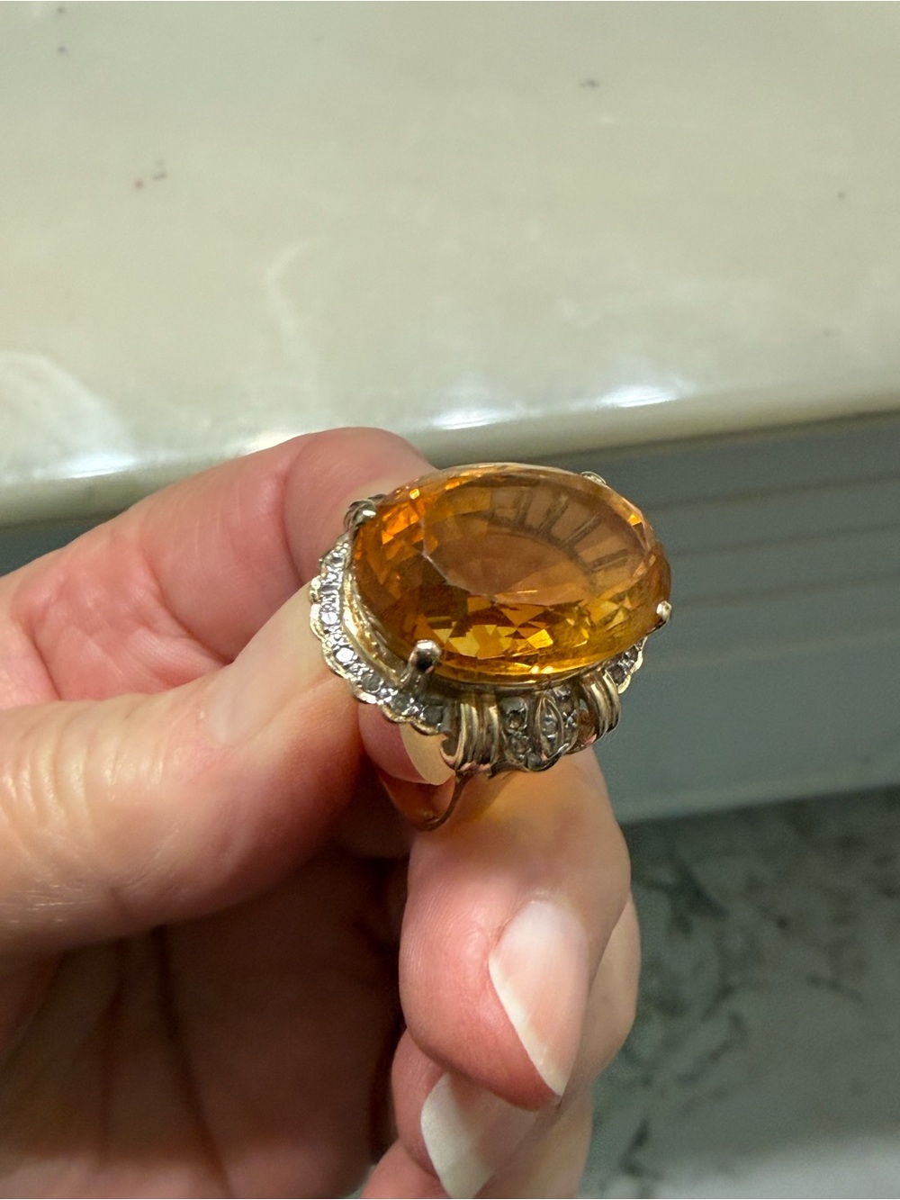 14k Gold Citrine Diamond Ring Size 7.5 Large Gemstone Statement Luxury - Picture 5 of 16